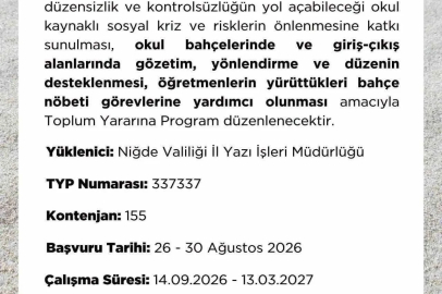 Niğde İŞKUR’dan okullar için 155 kişilik TYP duyurusu
