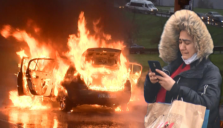 Otomobili alev alev yanan kadın gözyaşlarını tutamadı