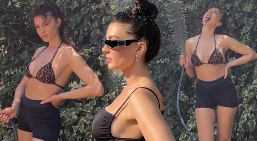 Burcu Özberk tatilde! Elindeki hortumla kendini ıslattı