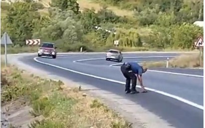 Kaplumbağayı ezilmekten kurtaran polis takdir topladı Kaplumbağayı ezilmekten kurtaran polis takdir topladı
