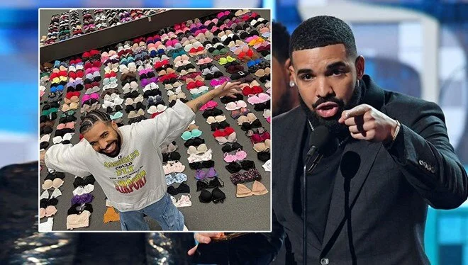 Rapçi Drake konserde kendisine fırlatılan iç çamaşırlarıyla poz verdi