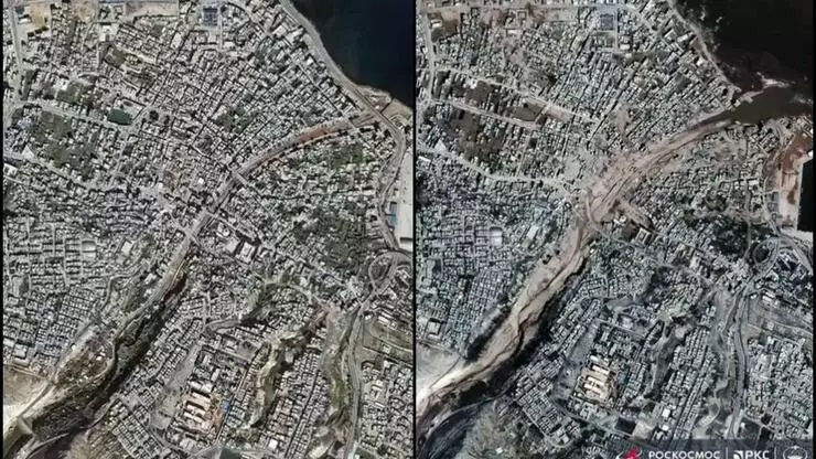Derne’nin sel felaketi öncesini ve sonrasını gösteren uydu görseli