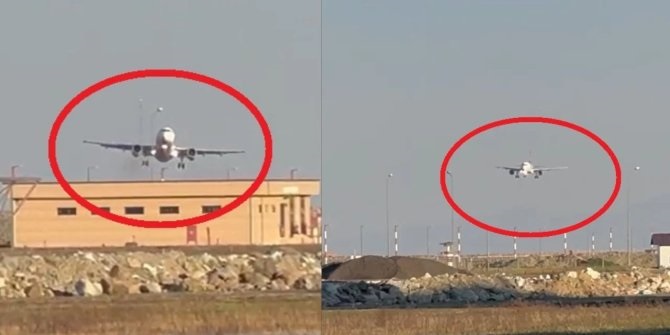 Fırtınada iniş yapmaya çalışan uçak beşik gibi sallandı