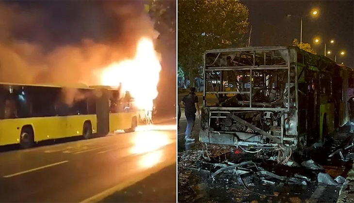 Seyir halindeki İETT otobüsü alev alev yandı
