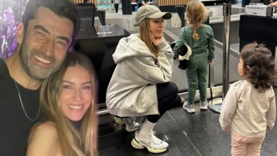 Sinem Kobal eşi ve kızlarıyla havaalanında