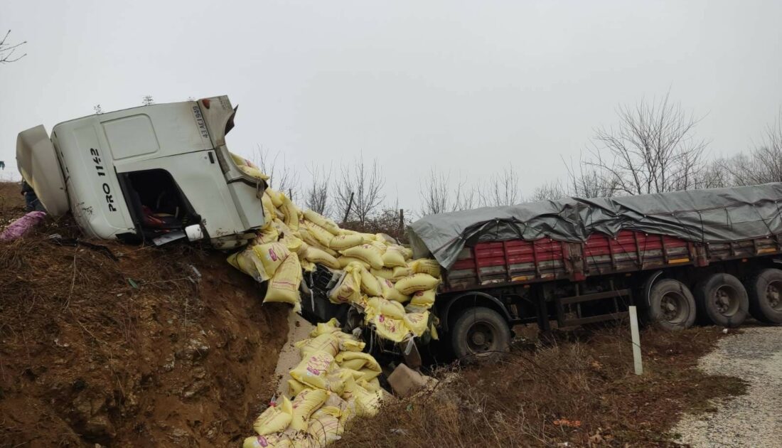 Bursa’da yem yüklü tır yoldan çıktı: 2 yaralı