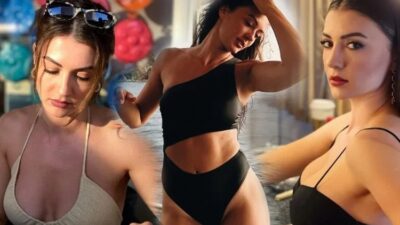 Burcu Özberk mini etekli kombiniyle poz verdi