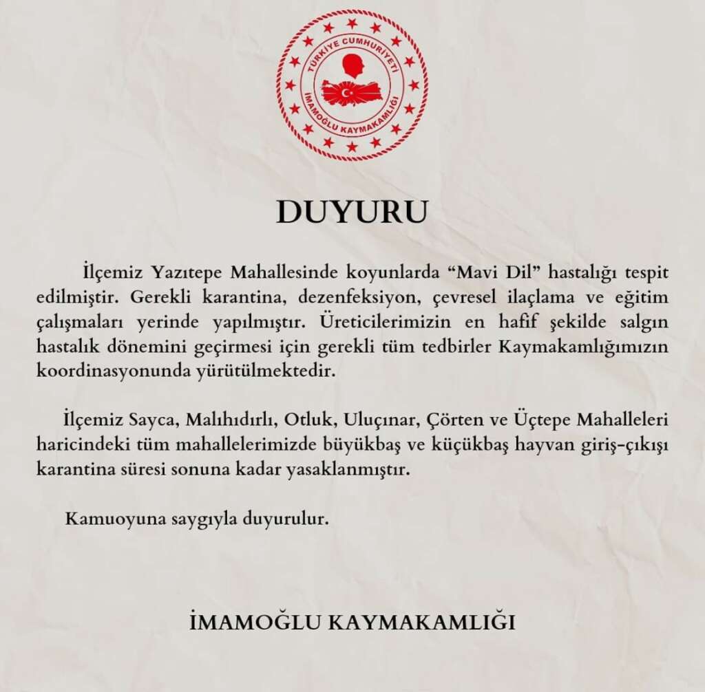 Adana’da bir mahalleye ‘mavi dil’ karantinası