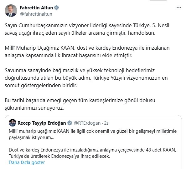 Fahrettin Altun: “Türkiye, KAAN ile 5. Nesil savaş uçağı ihraç eden sayılı ülkeler arasında” Fahrettin Altun: “Türkiye, KAAN ile 5. Nesil savaş uçağı ihraç eden sayılı ülkeler arasında”