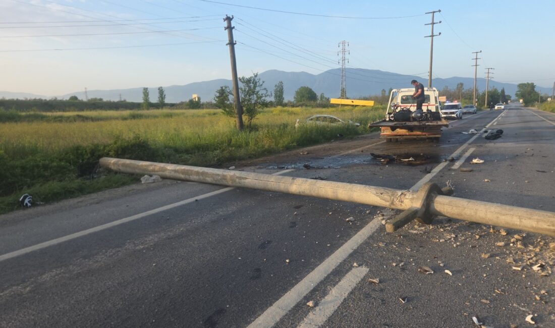 Bursa'nın Orhangazi ilçesinde kontrolden çıkarak elektrik direğine çarpan otomobil tarlaya
